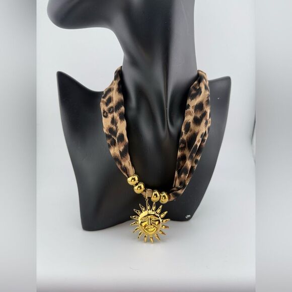 Leopard Print Scarf Necklace with Gold Sun Pendant – Bold, Glamorous & Unique - Picture 10 of 13